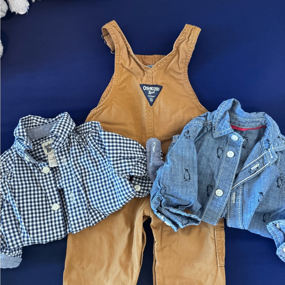 OshKosh B'gosh Tan Overalls and Blue Checkered Shirt Set